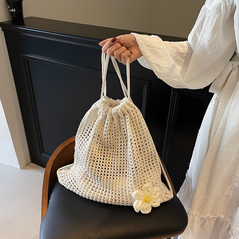 Crochet Market Bag - สีทึบถักกระเป๋าสะพายขนาดใหญ่ความจุโบฮีเมียนโครเชต์กระเป๋าเป้สะพายหลัง Hollow Out อเนกประสงค์ Beach Travel