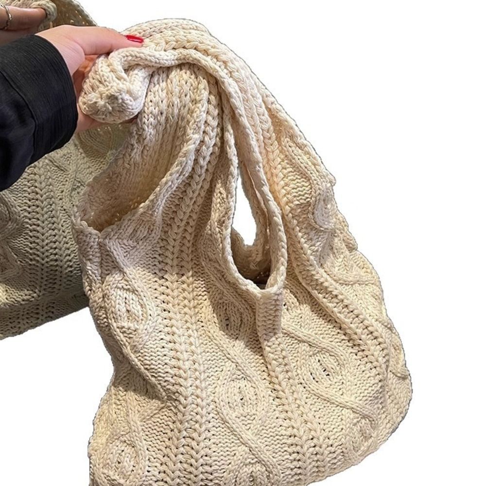 Crochet Market Bag - กระเป๋าถือถักลายถักแบบโปร่ง ดีไซน์เรียบง่าย กระเป๋าสะพายไหล่ผู้หญิง สีพื้น กระเป๋าถือหูหิ้ว