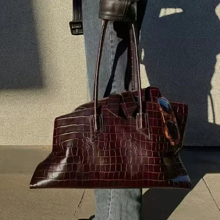 Women'S Tote Bags Designer - กระเป๋าสะพายไหล่หนังจีบสำหรับผู้หญิง ลายหนังจระเข้สไตล์เรโทร กระเป๋าโท้ทความจุขนาดใหญ่ ดีไซน์แฟชั่น กระเป๋าสำหรับใช้ในชีวิตประจำวันและเดินทางไปทำงาน