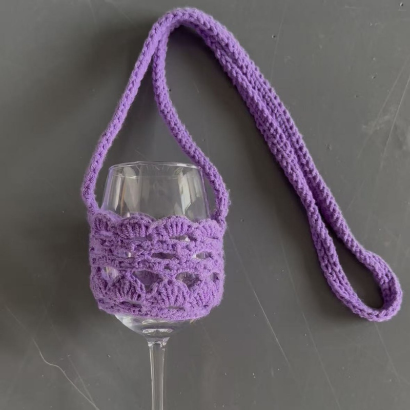 Crochet Market Bag - กระเป๋าถือถักโครเชต์แบบเรียบง่ายสำหรับใส่แก้วไวน์ กระเป๋าสะพายข้างสีพื้นทำมือ กระเป๋าตาข่ายสำหรับใส่ของ ตกแต่งงานปาร์ตี้
