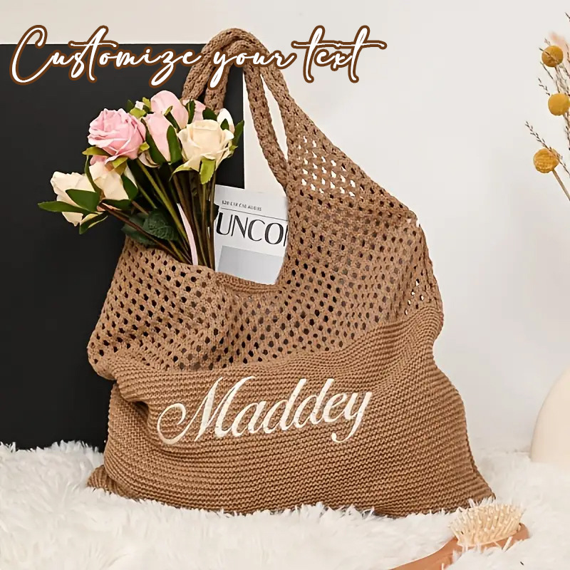 Crochet Market Bag - กระเป๋าชายหาดถักโครเชต์แบบสั่งทำพิเศษ, กระเป๋าโท้ทปักชื่อตามต้องการ, กระเป๋าตาข่ายสไตล์โบโฮทำมือสำหรับฤดูร้อน, กระเป๋าโท้ทสำหรับตลาดเกษตรกรและวันหยุดพักผ่อน