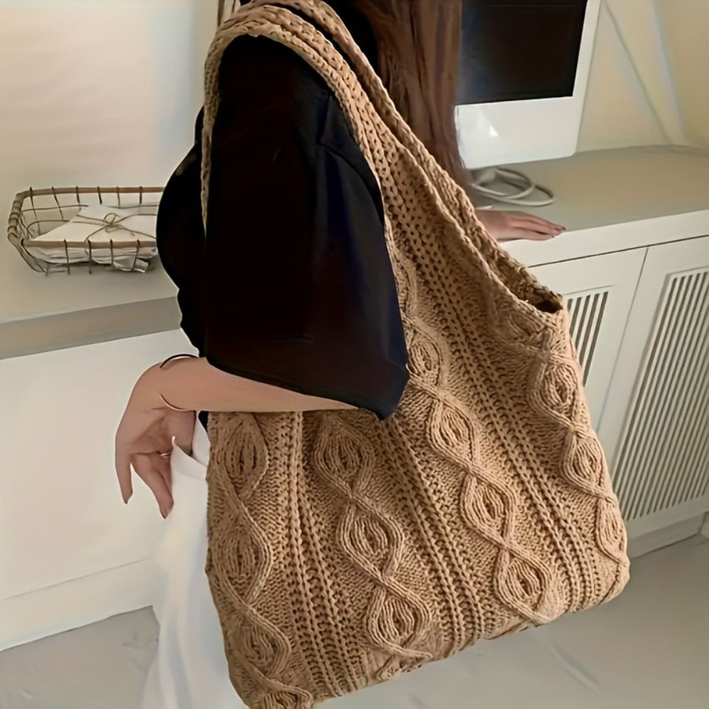 Crochet Market Bag - กระเป๋าถือถักโครเชต์ลายถักแบบกลวง สีพื้น กระเป๋าสะพายไหล่ผู้หญิง ดีไซน์เรียบง่าย กระเป๋าถักแบบกลวง ใช้ได้ทุกวัน